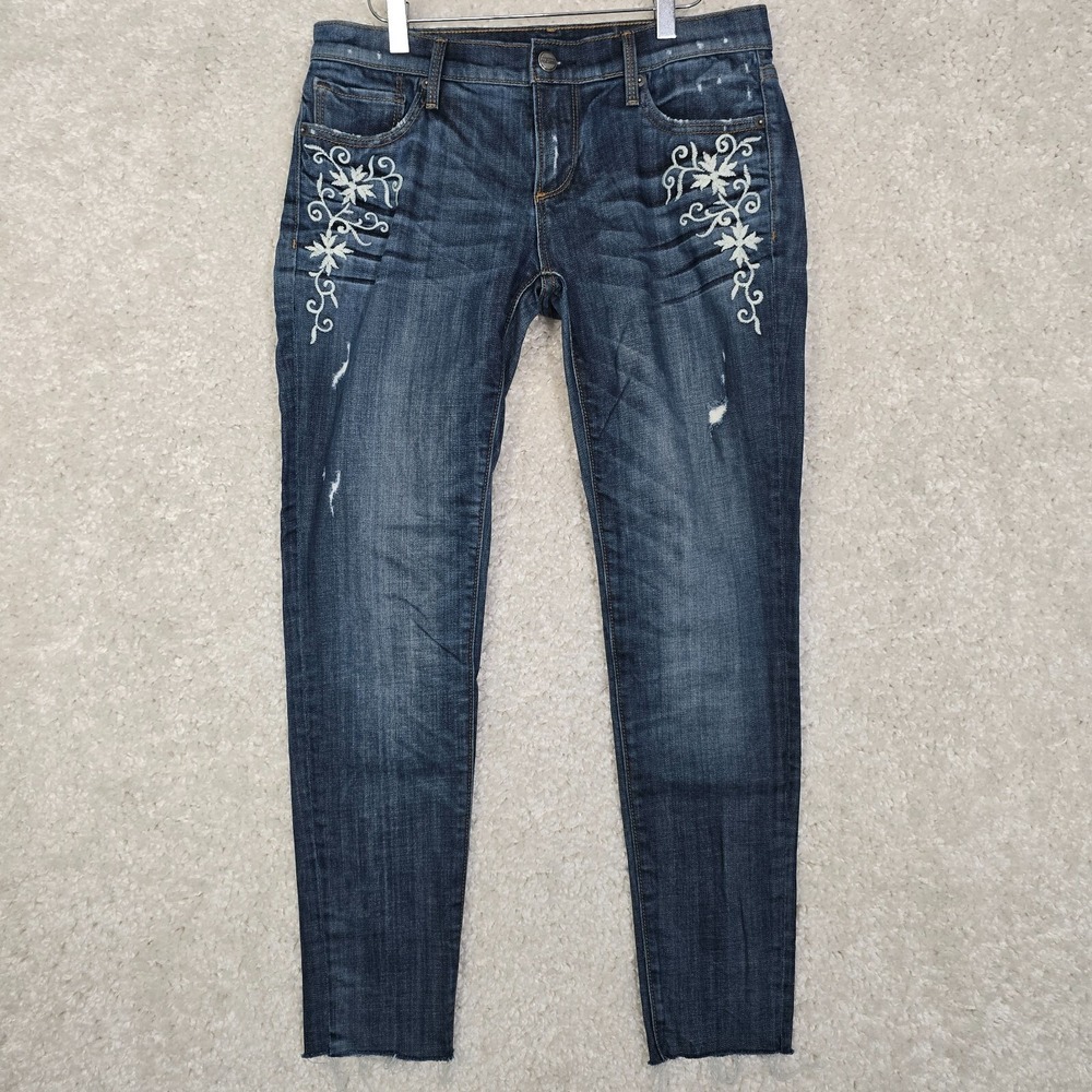 Driftwood Embroidered Skinny Jeans Womens 28 Blue Floral Boho Distressed